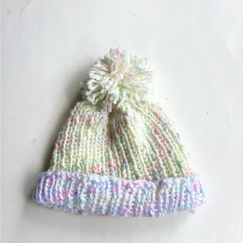 Baby Beanie Hat Hand Crafted Yellow White PomPom Knit
